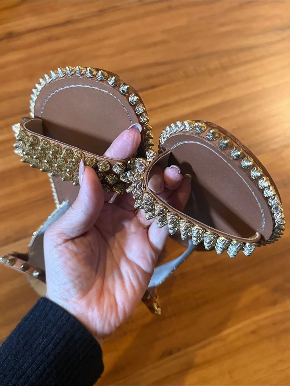 Christian Louboutin Brown Leather Studded Flat Sandals with Gold Spikes size 40